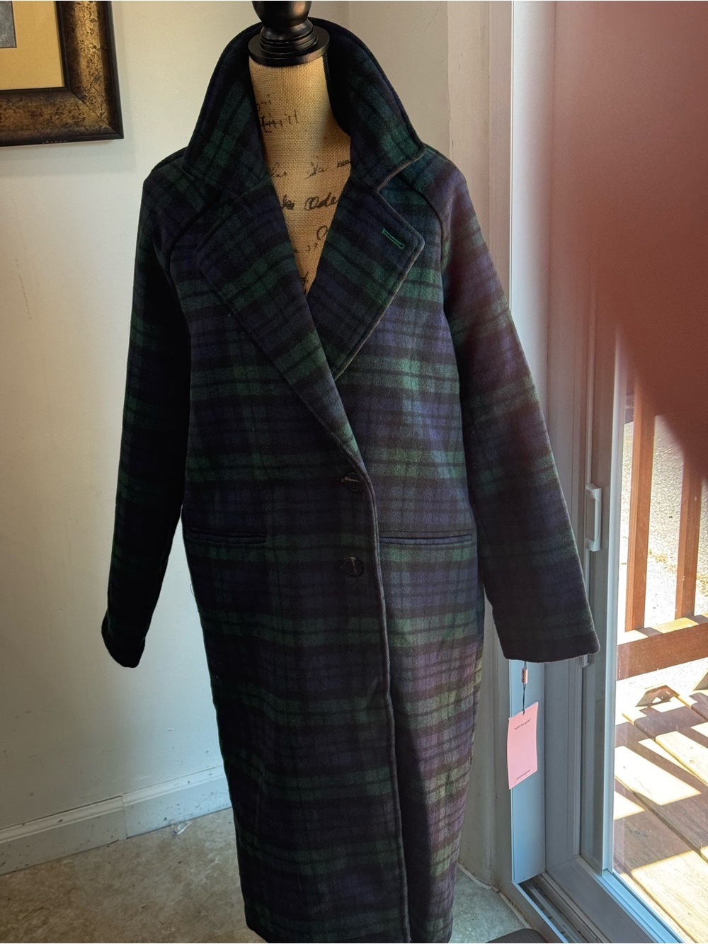 Avec Les Filles Green & Navy Plaid Wool Coat